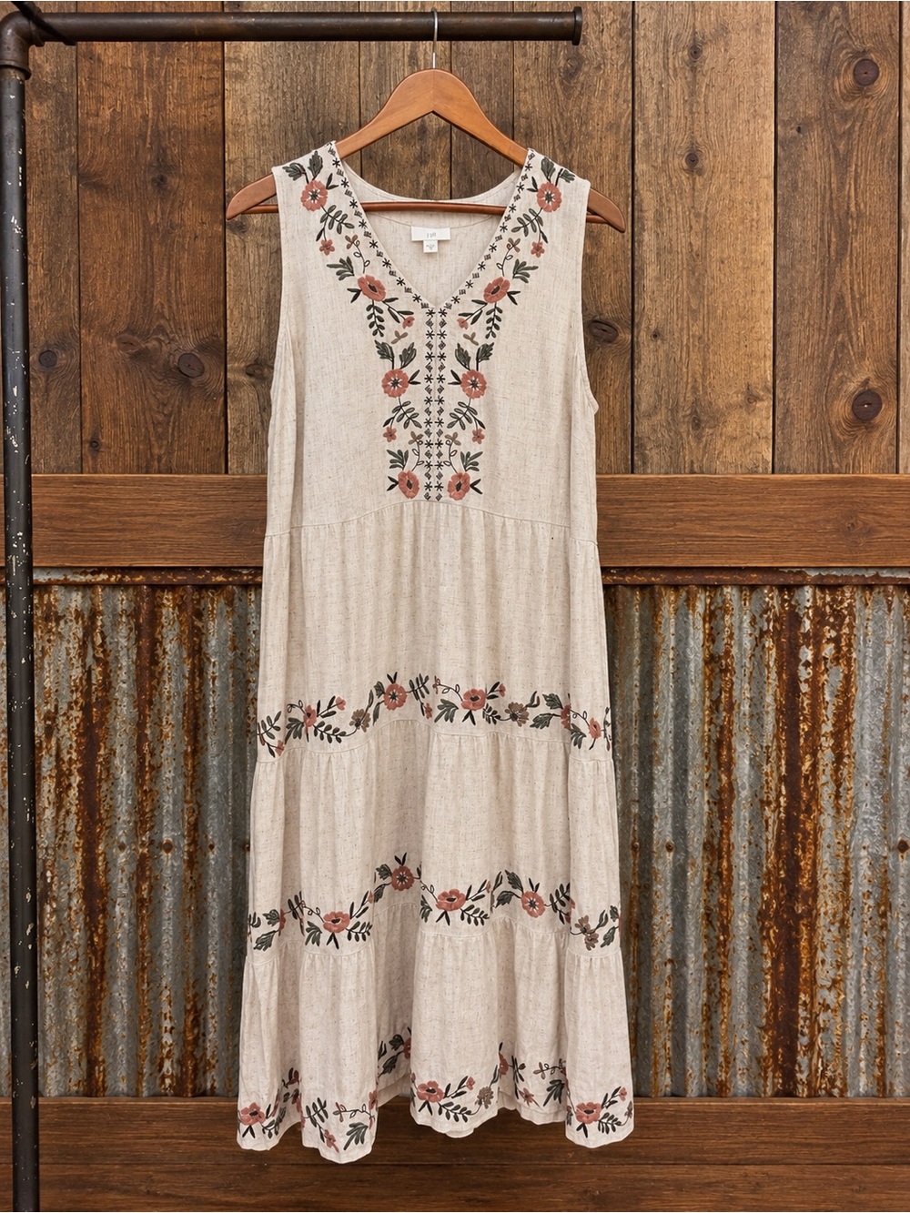 J. Jill Embroidered Floral Linen Blend Tiered Maxi Dress